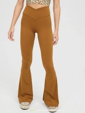 NWT Aerie Offline Real Me Super Flare Hi-Rise Cross Front CAMEL Tan
